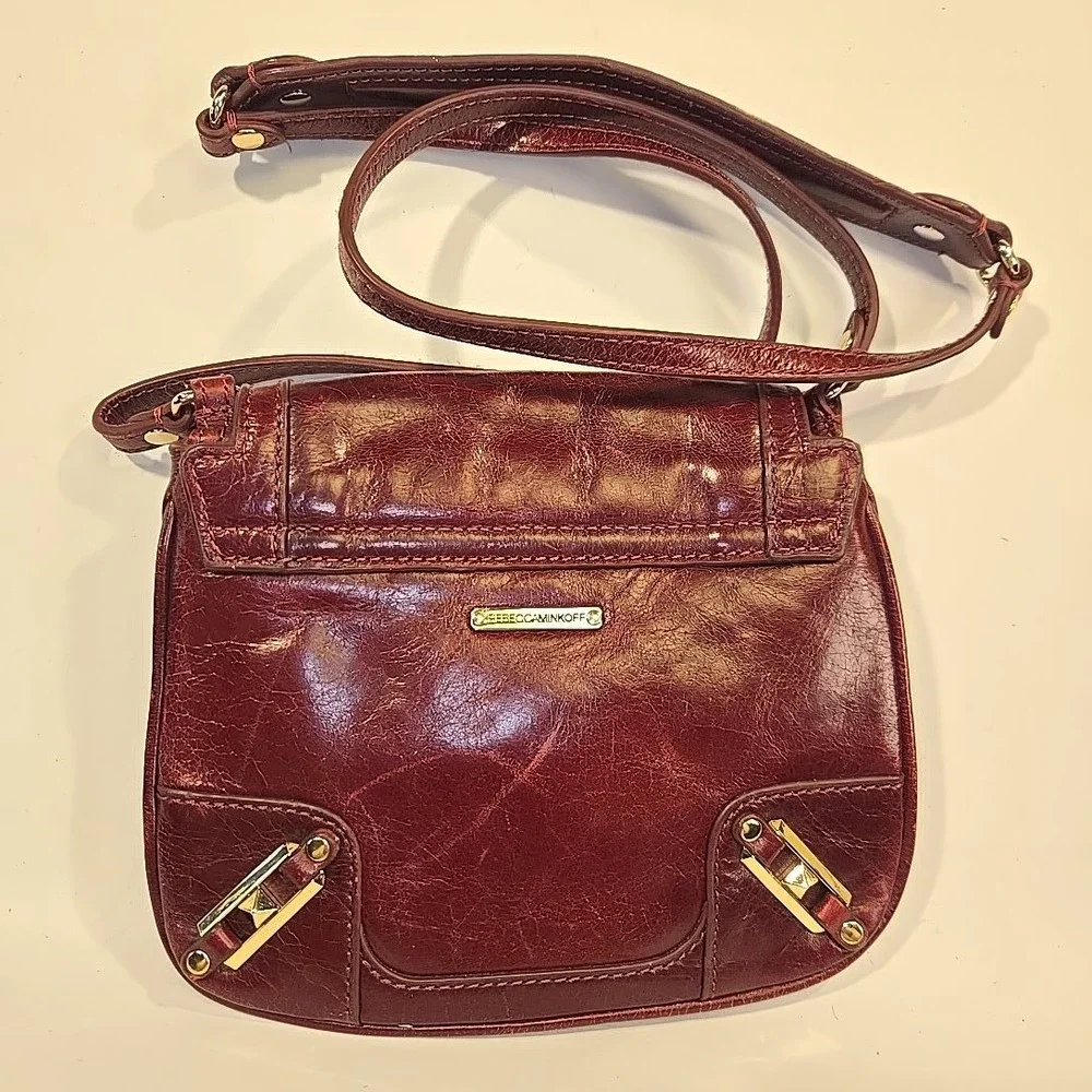 Rebecca Minkoff Leather Crossbody Bag Burgundy Gold Hardware Small Purse 8x7x20